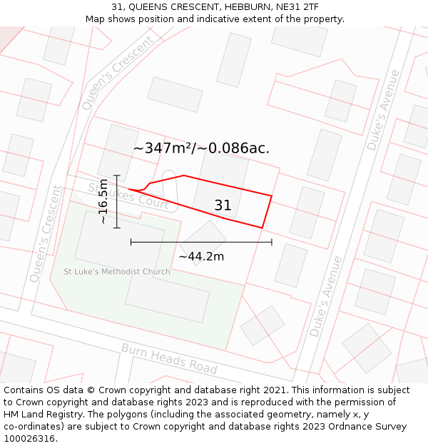 31, QUEENS CRESCENT, HEBBURN, NE31 2TF: Plot and title map