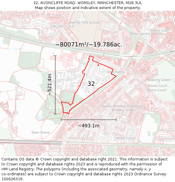 32, AVONCLIFFE ROAD, WORSLEY, MANCHESTER, M28 3UL: Plot and title map