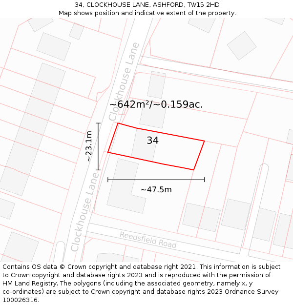 34, CLOCKHOUSE LANE, ASHFORD, TW15 2HD: Plot and title map