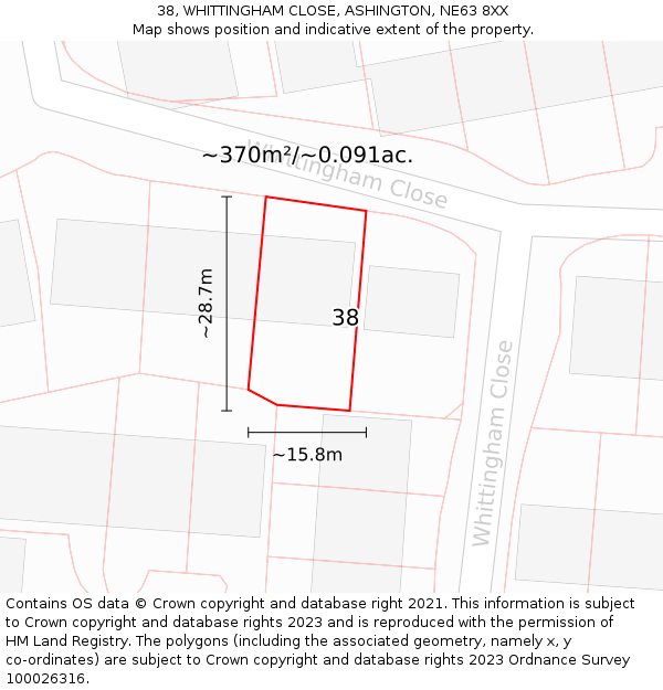 38, WHITTINGHAM CLOSE, ASHINGTON, NE63 8XX: Plot and title map