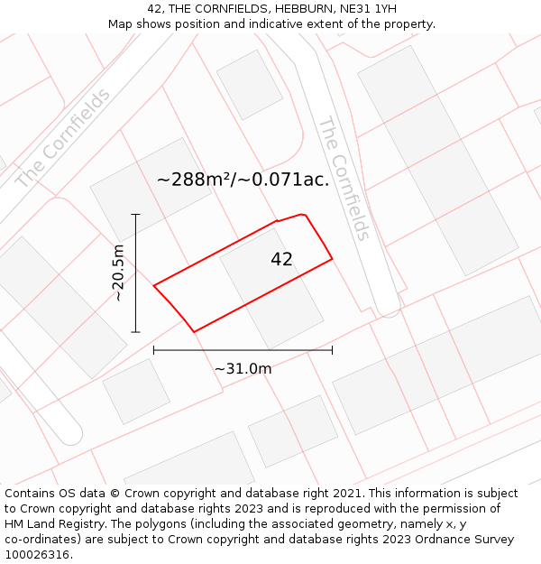42, THE CORNFIELDS, HEBBURN, NE31 1YH: Plot and title map