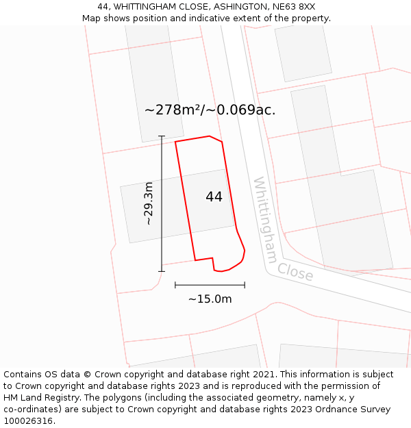 44, WHITTINGHAM CLOSE, ASHINGTON, NE63 8XX: Plot and title map