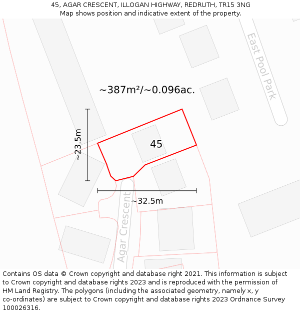 45, AGAR CRESCENT, ILLOGAN HIGHWAY, REDRUTH, TR15 3NG: Plot and title map