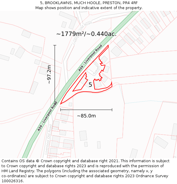 5, BROOKLAWNS, MUCH HOOLE, PRESTON, PR4 4RF: Plot and title map