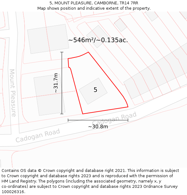 5, MOUNT PLEASURE, CAMBORNE, TR14 7RR: Plot and title map