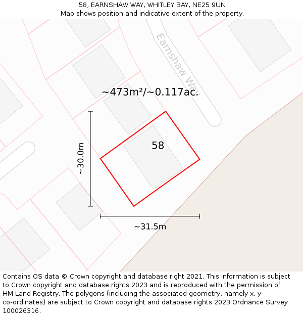 58, EARNSHAW WAY, WHITLEY BAY, NE25 9UN: Plot and title map