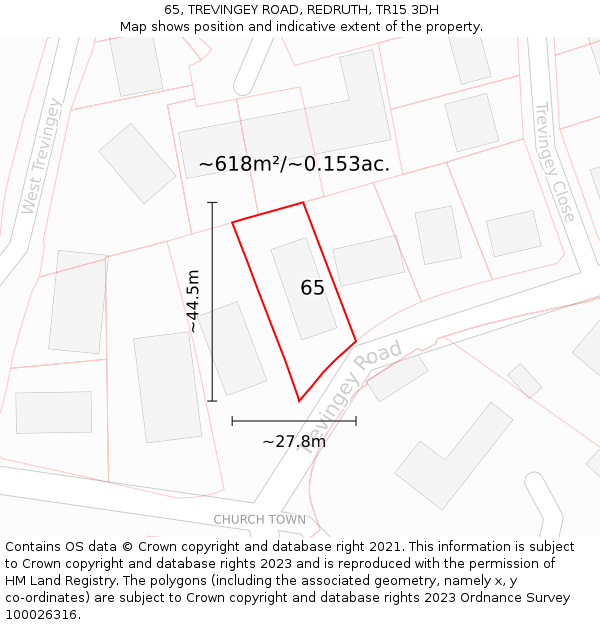 65, TREVINGEY ROAD, REDRUTH, TR15 3DH: Plot and title map
