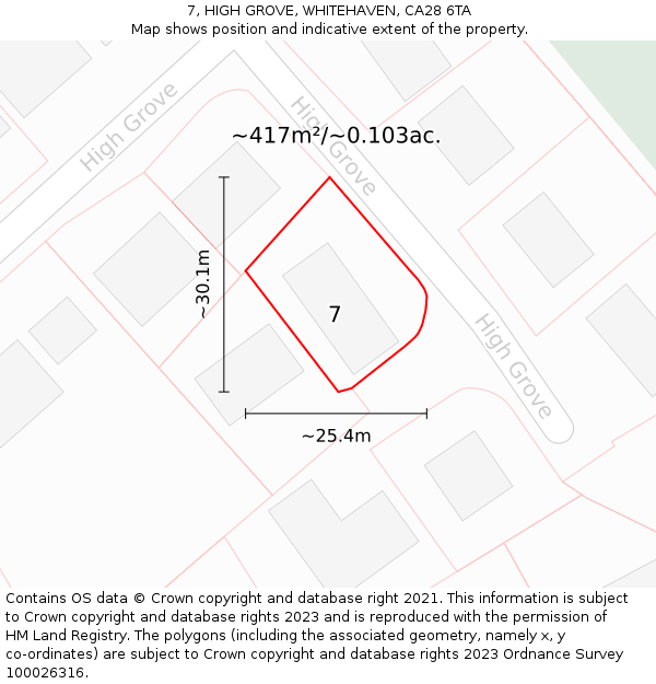 7, HIGH GROVE, WHITEHAVEN, CA28 6TA: Plot and title map