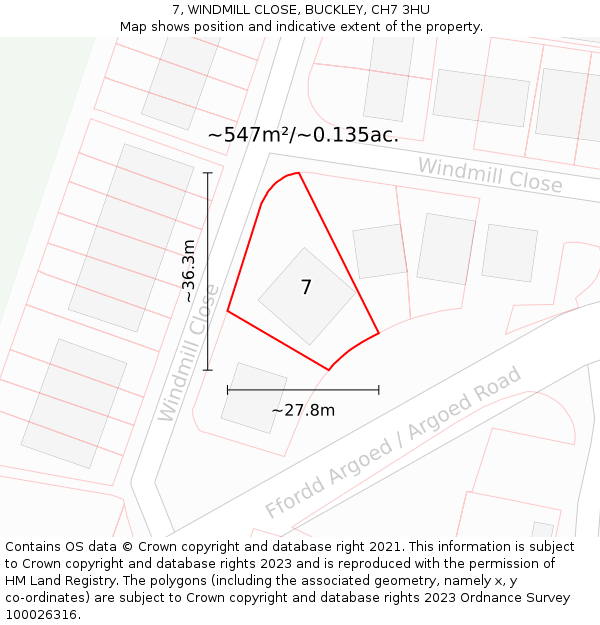 7, WINDMILL CLOSE, BUCKLEY, CH7 3HU: Plot and title map