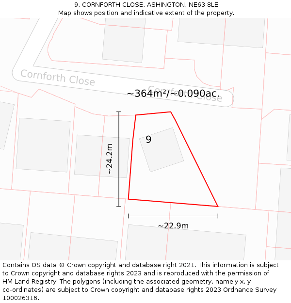 9, CORNFORTH CLOSE, ASHINGTON, NE63 8LE: Plot and title map