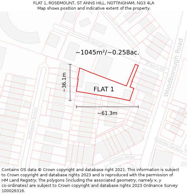 FLAT 1, ROSEMOUNT, ST ANNS HILL, NOTTINGHAM, NG3 4LA: Plot and title map