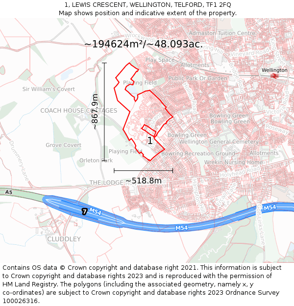 1, LEWIS CRESCENT, WELLINGTON, TELFORD, TF1 2FQ: Plot and title map