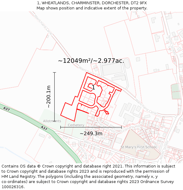 1, WHEATLANDS, CHARMINSTER, DORCHESTER, DT2 9FX: Plot and title map