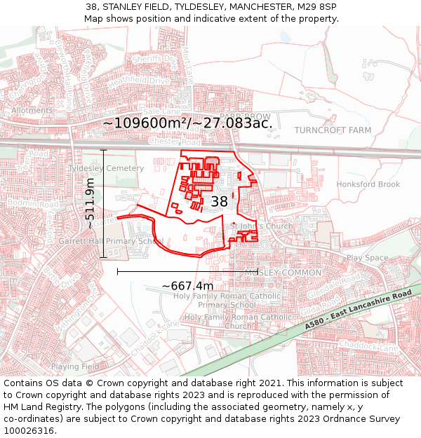 38, STANLEY FIELD, TYLDESLEY, MANCHESTER, M29 8SP: Plot and title map