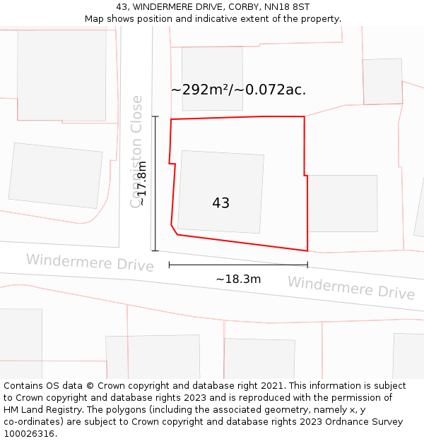 43, WINDERMERE DRIVE, CORBY, NN18 8ST: Plot and title map