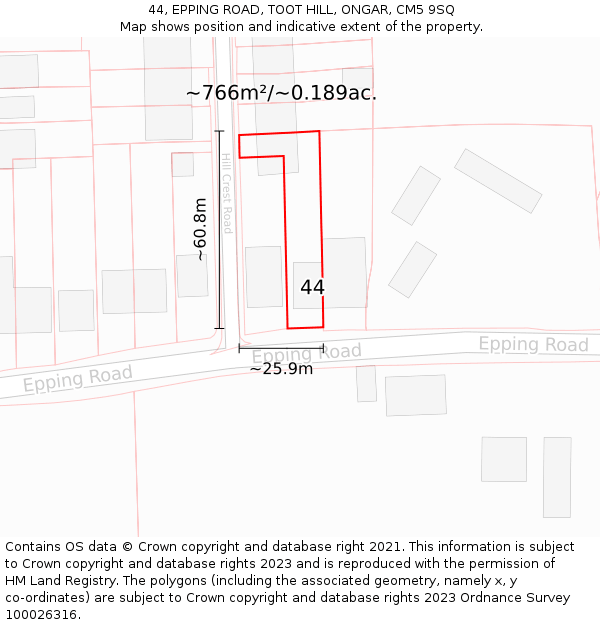 44, EPPING ROAD, TOOT HILL, ONGAR, CM5 9SQ: Plot and title map