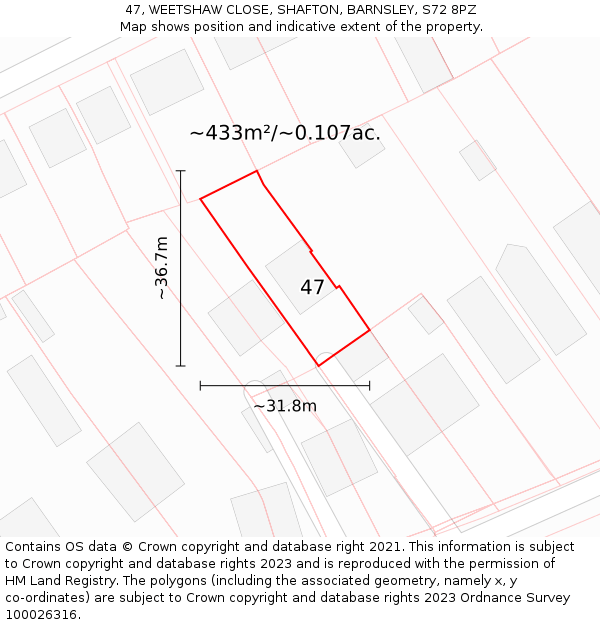 47, WEETSHAW CLOSE, SHAFTON, BARNSLEY, S72 8PZ: Plot and title map