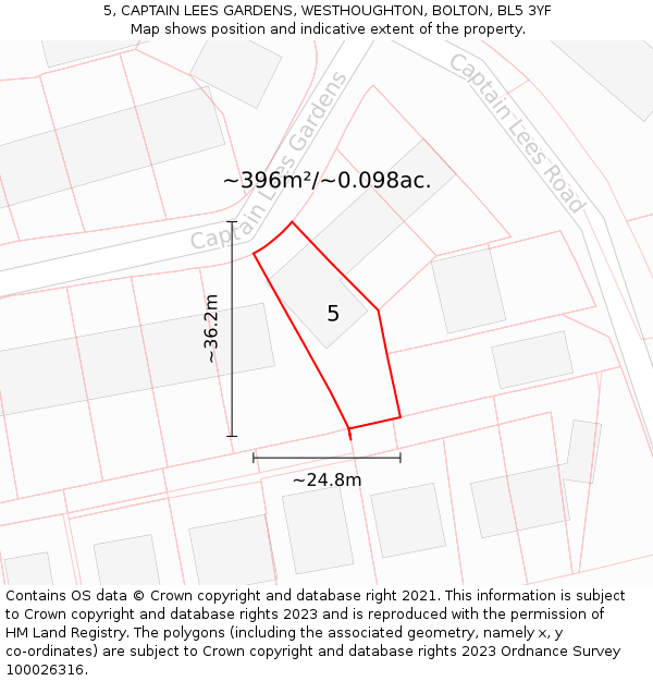 5, CAPTAIN LEES GARDENS, WESTHOUGHTON, BOLTON, BL5 3YF: Plot and title map