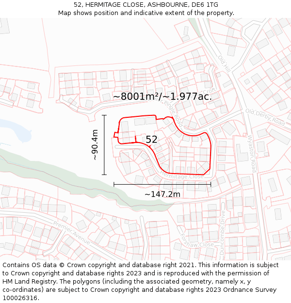 52, HERMITAGE CLOSE, ASHBOURNE, DE6 1TG: Plot and title map