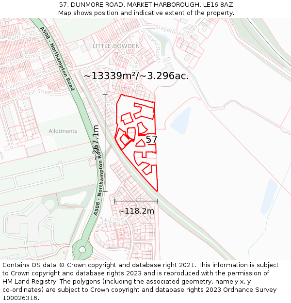 57, DUNMORE ROAD, MARKET HARBOROUGH, LE16 8AZ: Plot and title map