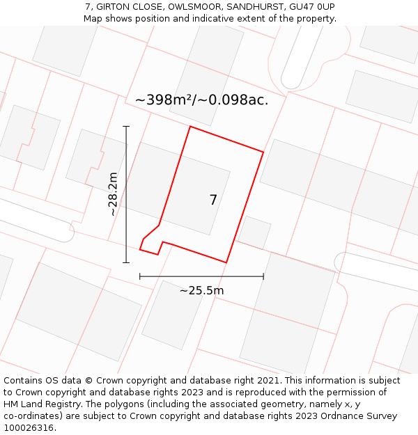 7, GIRTON CLOSE, OWLSMOOR, SANDHURST, GU47 0UP: Plot and title map