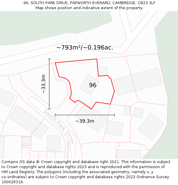 96, SOUTH PARK DRIVE, PAPWORTH EVERARD, CAMBRIDGE, CB23 3LF: Plot and title map