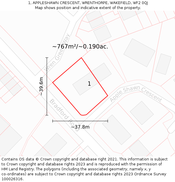 1, APPLESHAWN CRESCENT, WRENTHORPE, WAKEFIELD, WF2 0QJ: Plot and title map