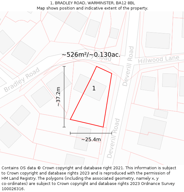 1, BRADLEY ROAD, WARMINSTER, BA12 8BL: Plot and title map