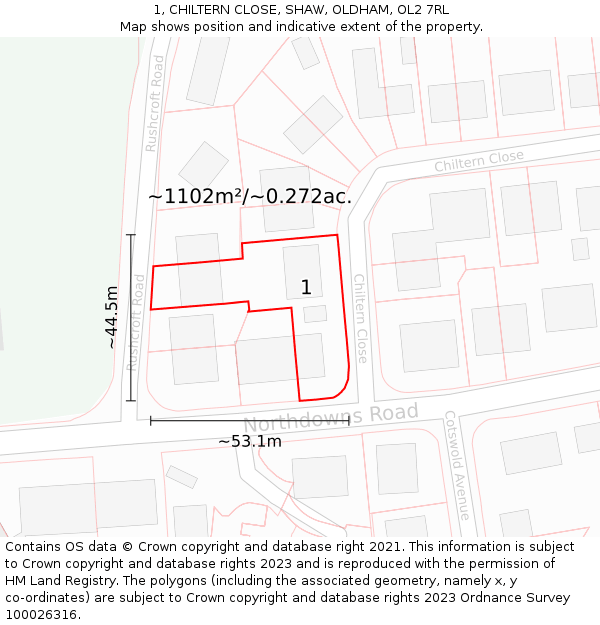 1, CHILTERN CLOSE, SHAW, OLDHAM, OL2 7RL: Plot and title map
