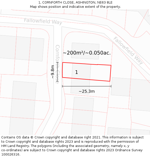 1, CORNFORTH CLOSE, ASHINGTON, NE63 8LE: Plot and title map