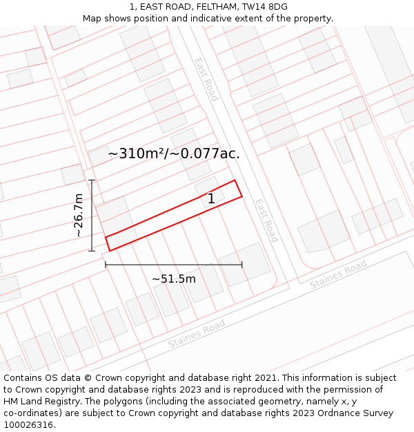 1, EAST ROAD, FELTHAM, TW14 8DG: Plot and title map
