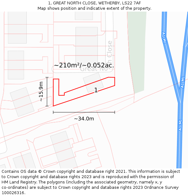 1, GREAT NORTH CLOSE, WETHERBY, LS22 7AF: Plot and title map