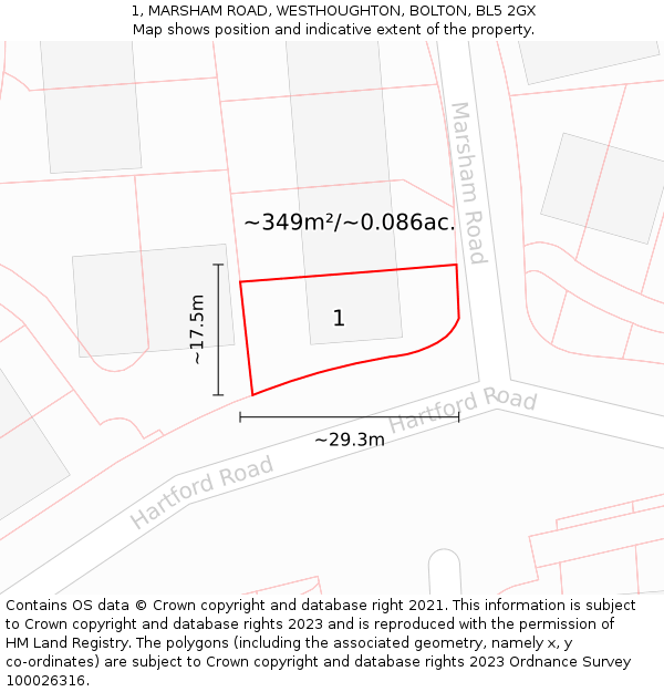 1, MARSHAM ROAD, WESTHOUGHTON, BOLTON, BL5 2GX: Plot and title map
