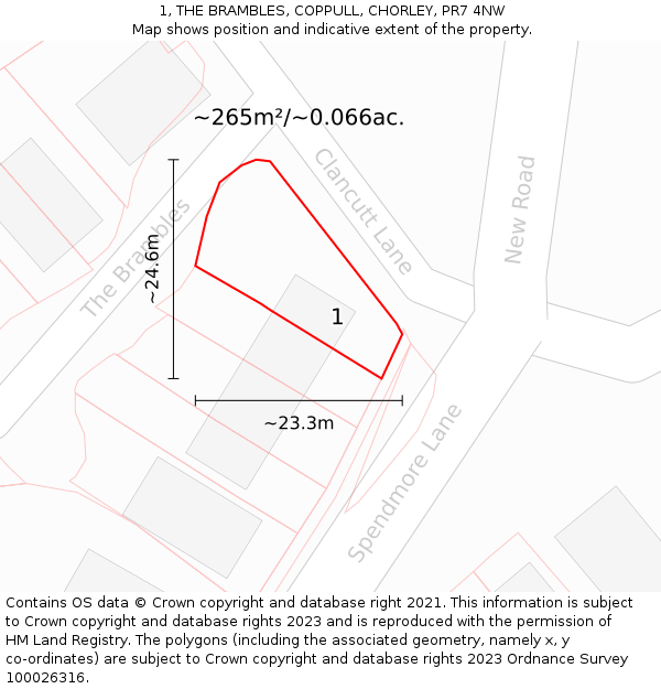 1, THE BRAMBLES, COPPULL, CHORLEY, PR7 4NW: Plot and title map