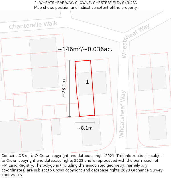 1, WHEATSHEAF WAY, CLOWNE, CHESTERFIELD, S43 4FA: Plot and title map