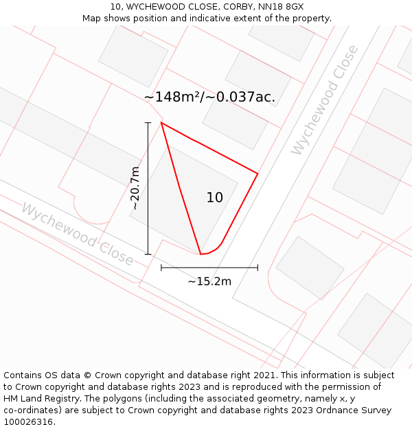 10, WYCHEWOOD CLOSE, CORBY, NN18 8GX: Plot and title map