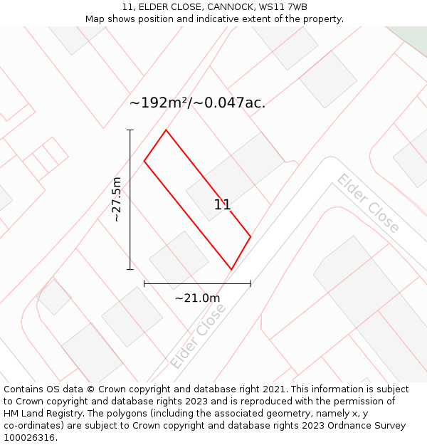11, ELDER CLOSE, CANNOCK, WS11 7WB: Plot and title map