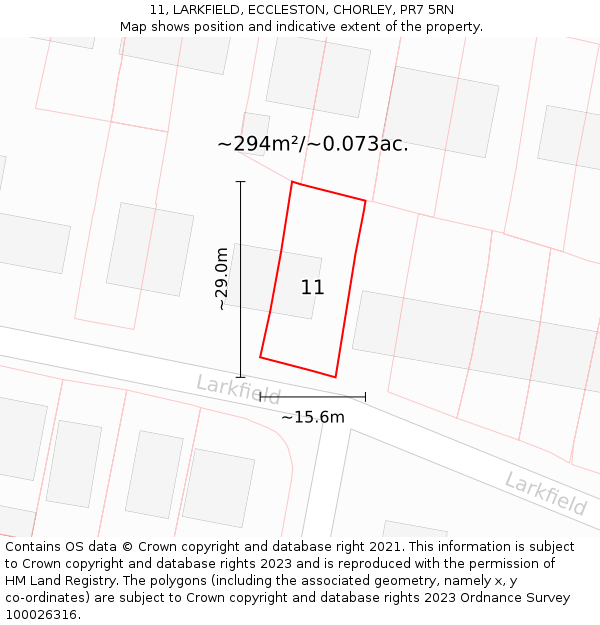 11, LARKFIELD, ECCLESTON, CHORLEY, PR7 5RN: Plot and title map