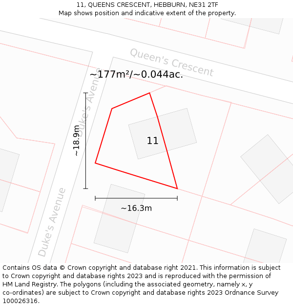 11, QUEENS CRESCENT, HEBBURN, NE31 2TF: Plot and title map