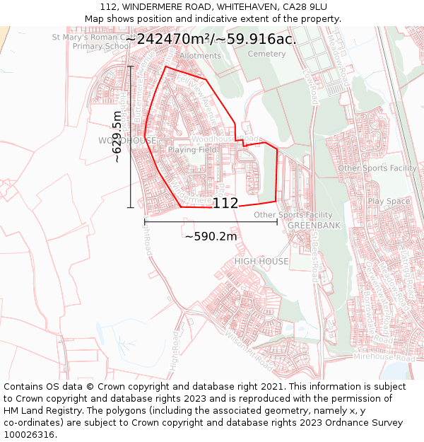112, WINDERMERE ROAD, WHITEHAVEN, CA28 9LU: Plot and title map