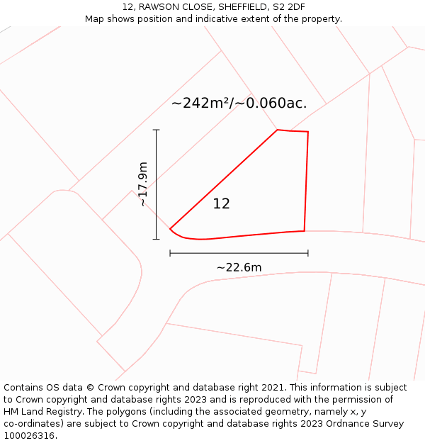 12, RAWSON CLOSE, SHEFFIELD, S2 2DF: Plot and title map