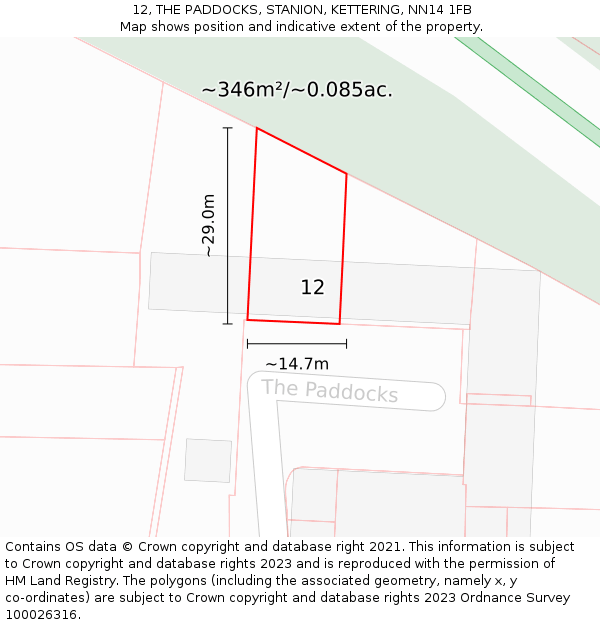12, THE PADDOCKS, STANION, KETTERING, NN14 1FB: Plot and title map