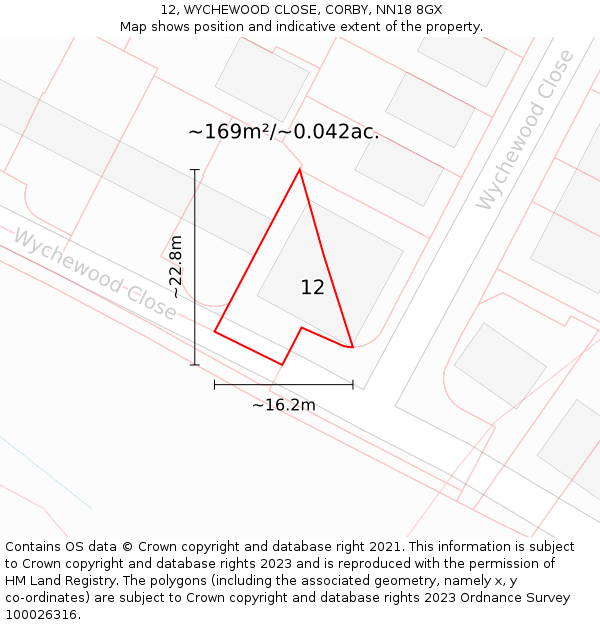 12, WYCHEWOOD CLOSE, CORBY, NN18 8GX: Plot and title map