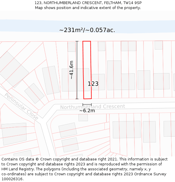 123, NORTHUMBERLAND CRESCENT, FELTHAM, TW14 9SP: Plot and title map
