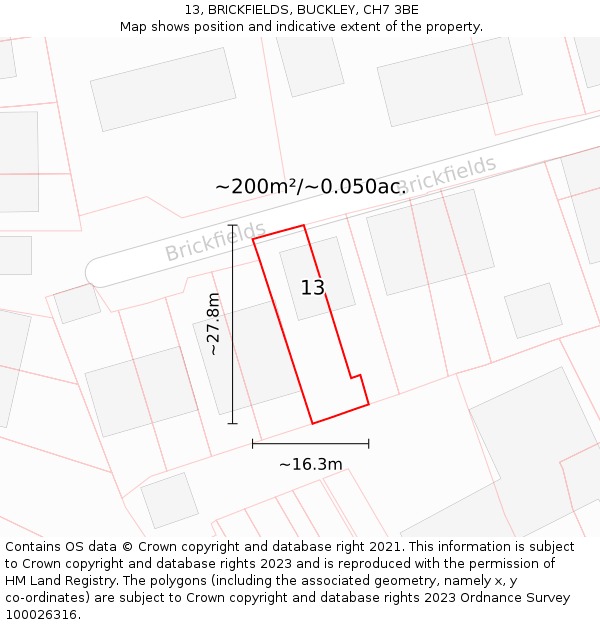 13, BRICKFIELDS, BUCKLEY, CH7 3BE: Plot and title map