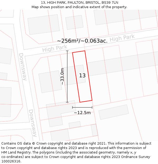 13, HIGH PARK, PAULTON, BRISTOL, BS39 7LN: Plot and title map