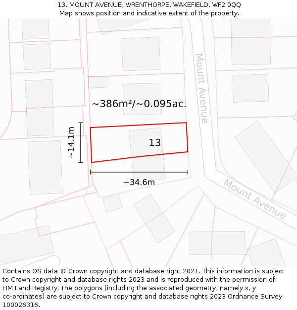 13, MOUNT AVENUE, WRENTHORPE, WAKEFIELD, WF2 0QQ: Plot and title map