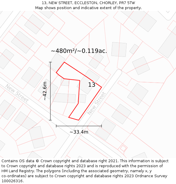 13, NEW STREET, ECCLESTON, CHORLEY, PR7 5TW: Plot and title map