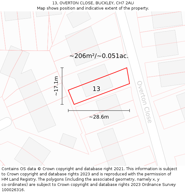 13, OVERTON CLOSE, BUCKLEY, CH7 2AU: Plot and title map