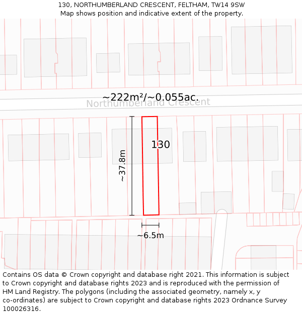 130, NORTHUMBERLAND CRESCENT, FELTHAM, TW14 9SW: Plot and title map